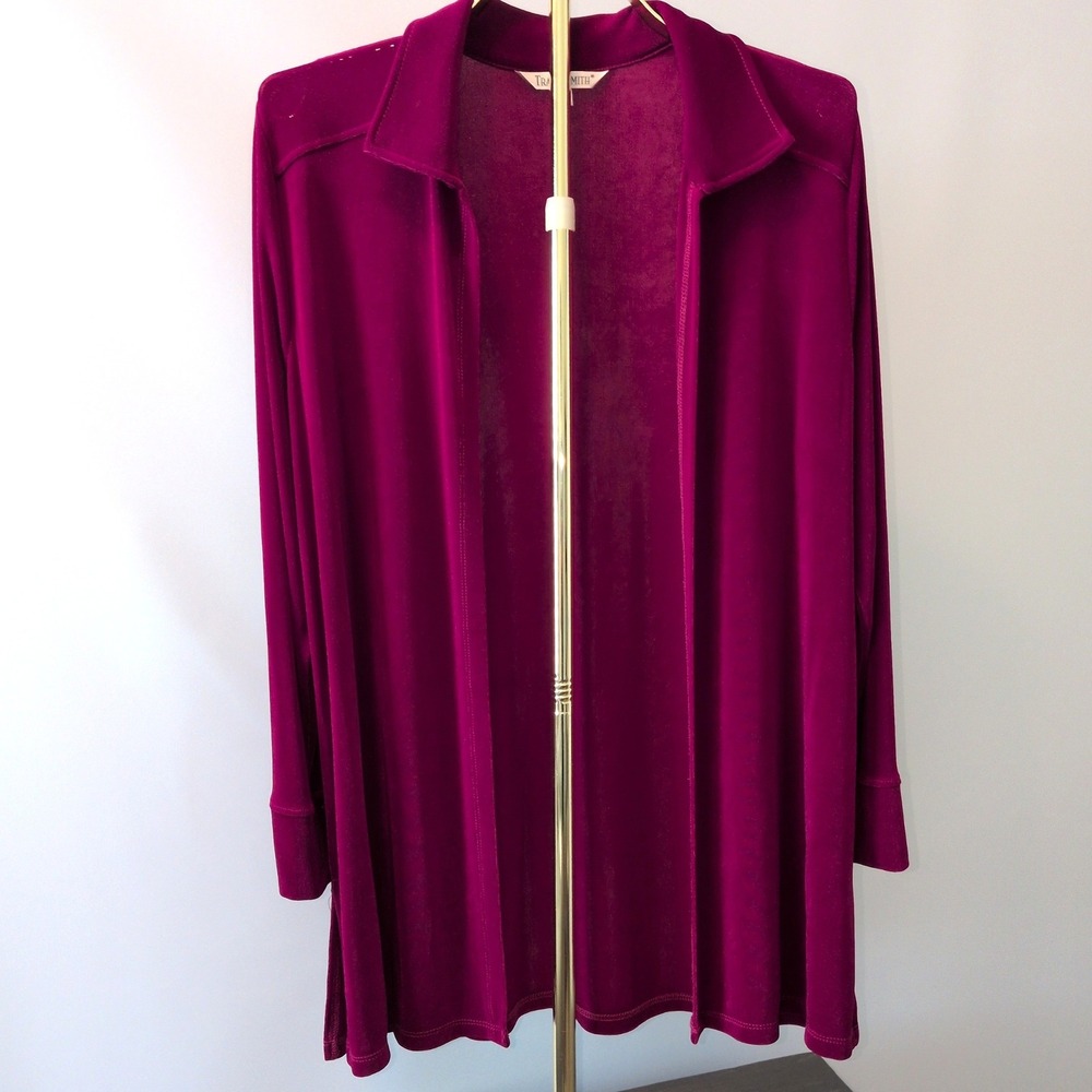 Vintage TravelSmith Cardigan Womens L Magenta Open Front Slinky Jacket USA Made